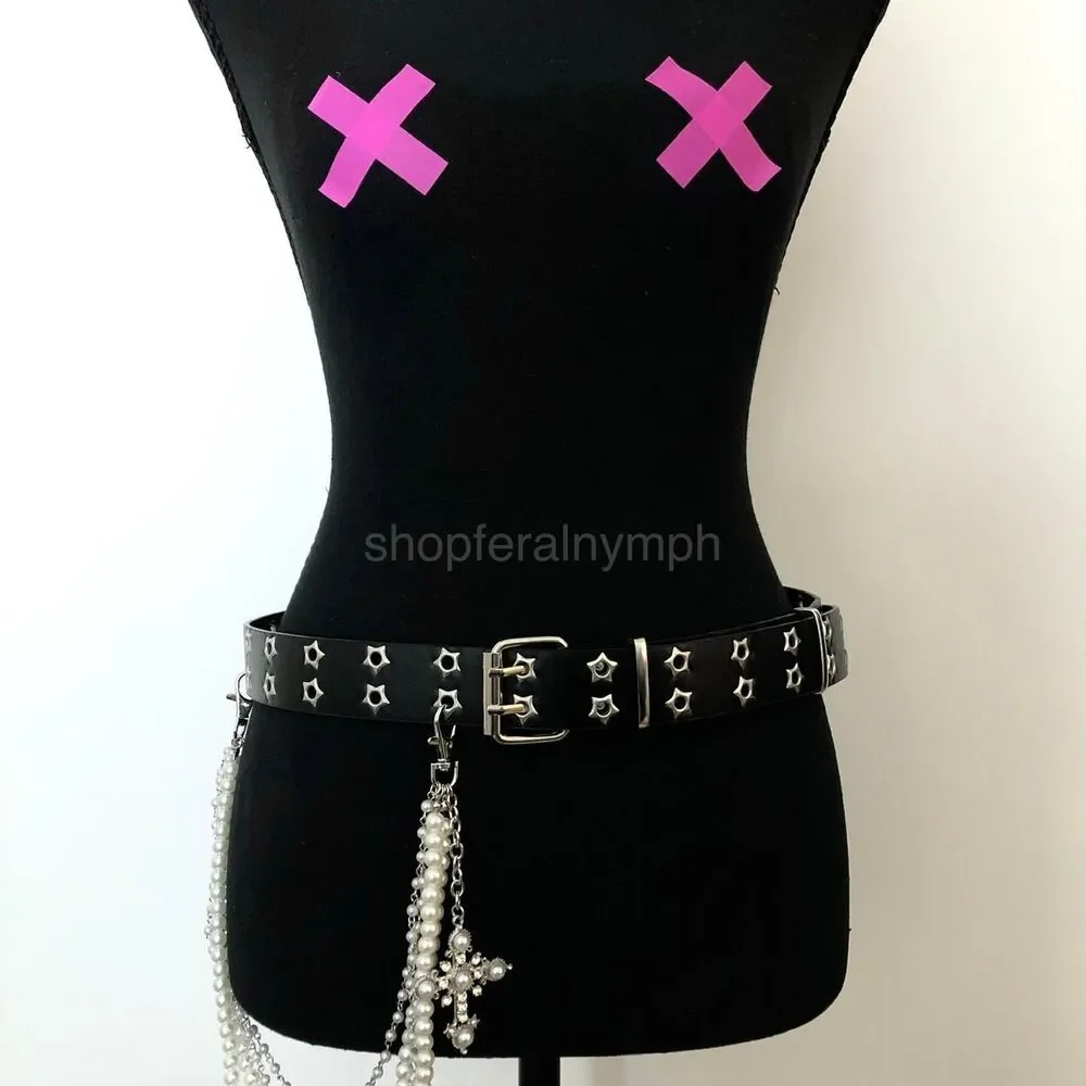 Y2K Goth Black Star Eyelet Faux Pearl Cross Belt, Fits 32–41 Inches, X7GA1227